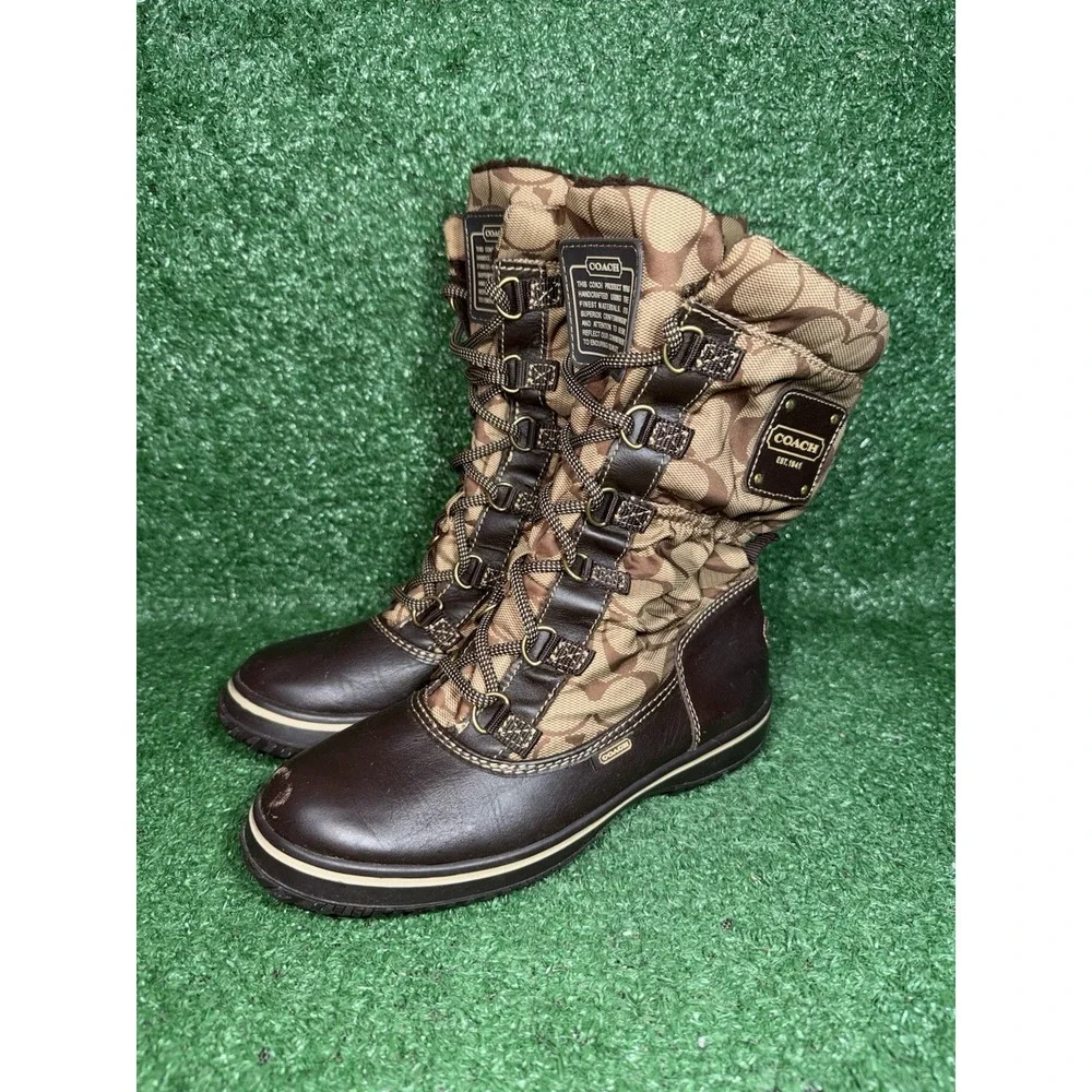 Coach Women Size 5 Shaine Rain Boots Lace Up Beige Signature Logo Faux Fur Lined